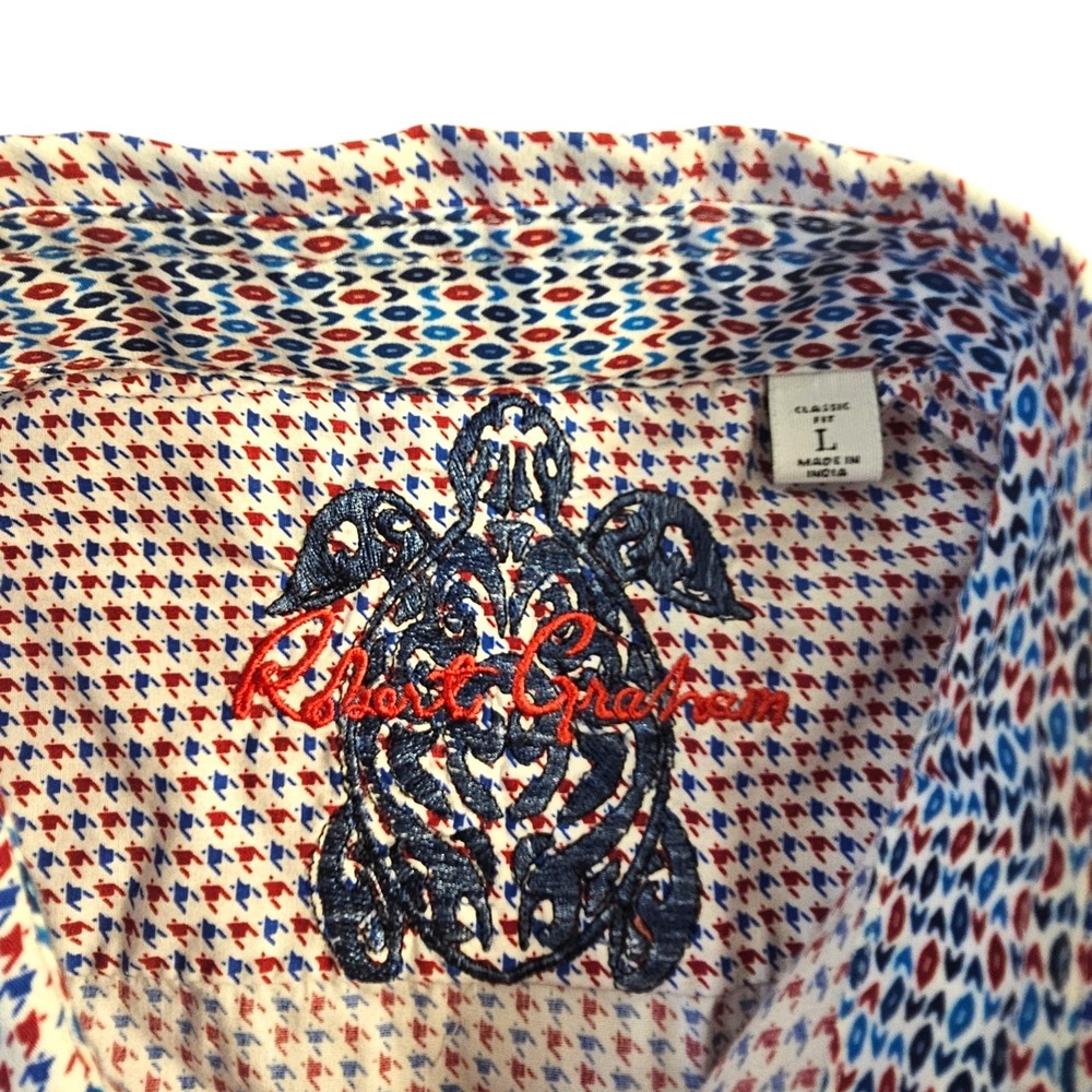 Robert Graham Mens Classic Fit Button Up Shirt Houndstooth Red Blue Size L